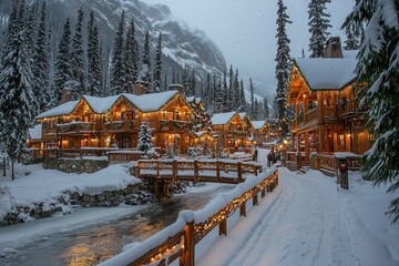 Sticker - Snowy Mountain Village with Christmas Lights and a Frozen Creek