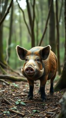 Wall Mural - A wild boar stands in a forest, looking directly at the camera