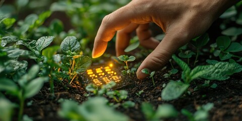 Poster - Hand Interacting with Glowing Object Amidst Lush Greenery