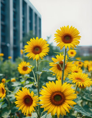 Bright yellow sunflowers in full bloom in a modern urban garden isolated with white shades, png