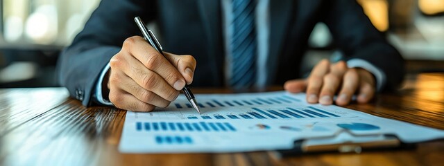 Leinwandbilder - Close-up of a hand holding a pen over a financial report with blue bar graphs and charts.