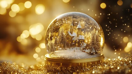 Wall Mural - A golden snow globe with a festive holiday scene inside, surrounded by swirling glitter for a magical effect.