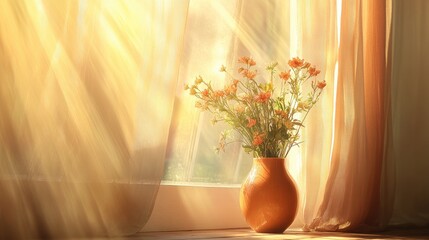 Sticker - Beautiful flower vase by a window with sunlight streaming through the curtain creating a fresh ambiance in a home interior