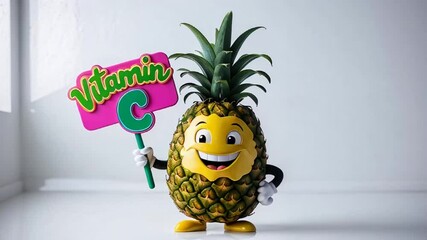 Wall Mural - Cartoon happy character pineapple with sign inscription vitamin C

