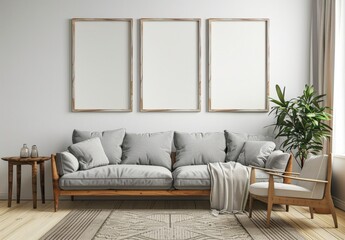 Modern living room interior with grey sofa. two black frames. and a floor lamp