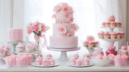 Elegant pink vintage tea party setup in a garden with a beautifully decorated cake and assorted treats surrounded by blooming flowers