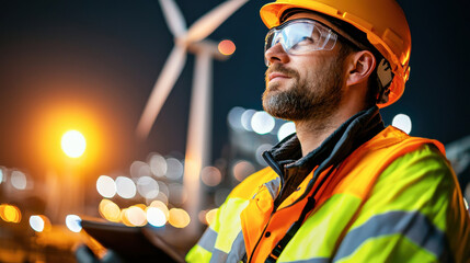 technician in safety vest and helmet gazes thoughtfully at wind turbines at night, reflecting on renewable energys potential