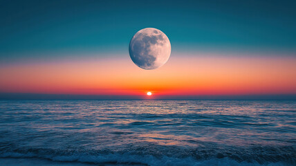 Wall Mural - Serene coastal scene with a full moon illuminating the colorful night sky above the ocean
