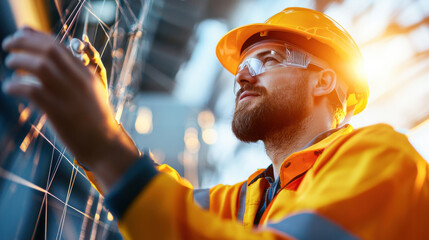 technician in safety helmet and goggles inspects equipment with focus and determination. bright orange safety gear highlights importance of safety in industrial settings