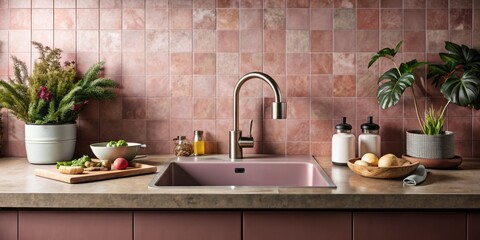 Canvas Print - Elegant Food Photography Showcase with Dusty Pink Sink and Textured Black Wall, Perfect for Culinary Themes and Kitchen Decor Inspiration