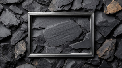 Wall Mural - Rectangular black metal frame against a dark stone wall.