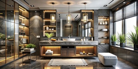 Wall Mural - Elegant Modern Bathroom Interior Design Featuring Chrome Furniture and Stylish Fixtures for Contemporary Living Spaces