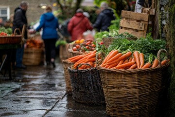 Wall Mural - Fresh and vibrant carrots displayed in baskets at a lively market. The scene captures the essence of local produce and community. A colorful food destination. Generative AI