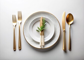 Canvas Print - Elegant Presentation of Plate and Cutlery on a White Background for Culinary Art and Dining Decor, Highlighting Textures and Minimalist Aesthetics in Tableware Photography