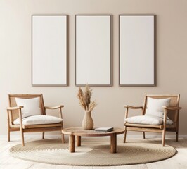 Three framed posters hanging on a beige wall above two armchairs and a wooden coffee table in a living room interior