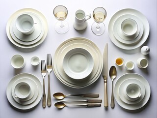 Canvas Print - Exquisite Set of Clean Tableware Arranged Aesthetically on a Crisp White Background Showcasing Elegant Plates, Bowls, and Cutlery for Modern Dining and Culinary Presentation