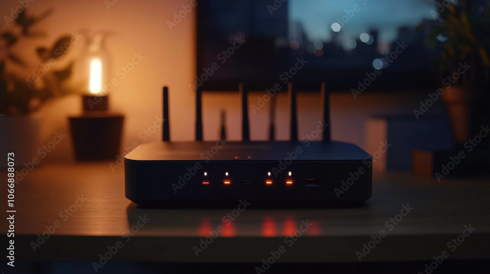 A top-down view of a router sitting on a desk, with blinking lights ...