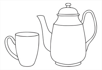 Coloring book. Vector illustration in doodle style. Set of teapot and cup. Cute vintage teapot and mug for tea