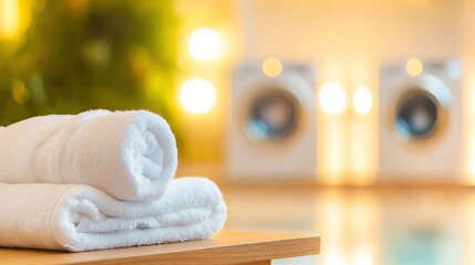 Laundry room scene with soft natural lighting, white towels on a wooden surface, bright modern washing machines in the backdrop, serene and clean atmosphere