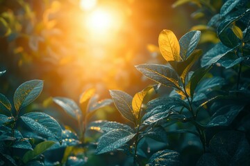 Wall Mural - Dew-Covered Green Leaves Illuminated by Warm Sunset Light