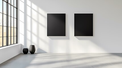 A minimalist room with two blank black frames hanging on a white wall, next to a large window, and two black flowerpots on the grey floor.  The sunlight streams in through the window creating shadows