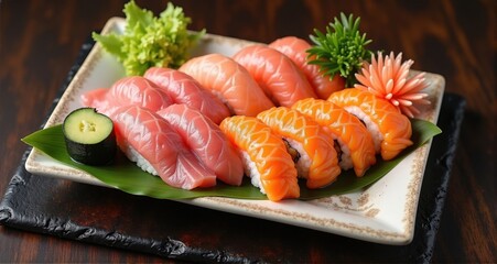 Plateful of vibrant sushi varieties