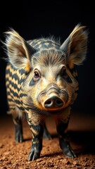 Wall Mural - A wild boar with black and yellow stripes stands on red dirt, looking directly at the camera