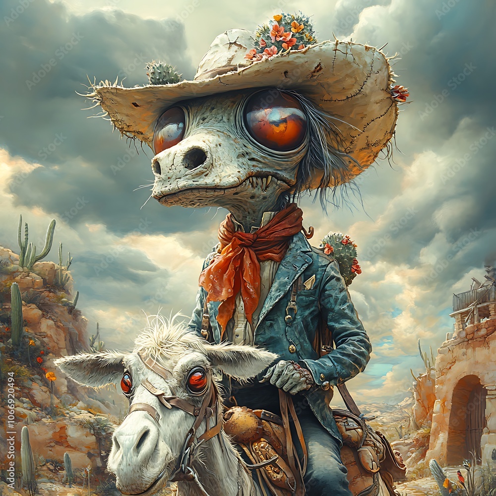 Alien cowboy riding through a desert town Stock Illustration | Adobe Stock