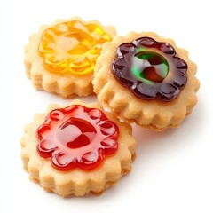 Gem Rose biscuits with vibrant candy top, traditional festive snack, isolated on white background