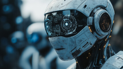 Wall Mural - a robot with a blue face and yellow eyes stands in front of a group of robots. the robot's face is i