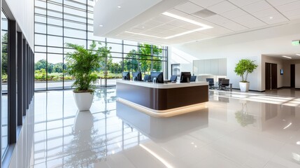 A spacious office interior with sleek design elements, modern workstations, and an inviting atmosphere, perfect for marketing materials related to corporate culture.