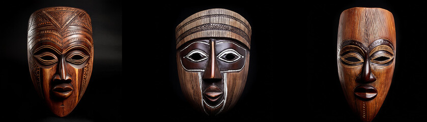 Three wooden masks with carved features, isolated against a black background.