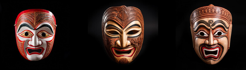 Three carved wooden masks, isolated on a black background.