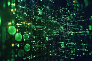Aufkleber - Abstract Futuristic Green Digital Interface with Geometric Shapes and Lines