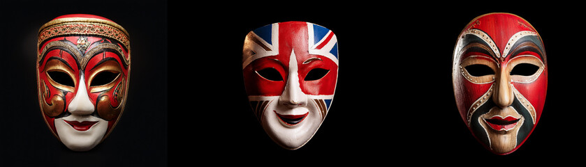 Three colorful masks isolated against a black background.