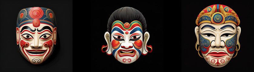 Three colorful masks are isolated on a black background.