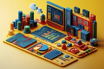 Poster - Colorful 3D Render of a Data Center with Graphs, Charts, and Digital Displays