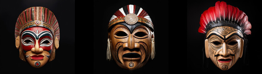 Three intricately carved wooden masks with ornate headdresses are isolated against a black background.