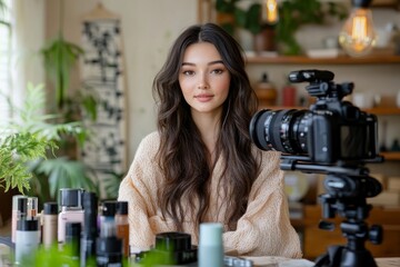 Social media influencer beauty blogger concept, Young beautiful woman recording video review cosmetic and makeup tutorial, Generative AI