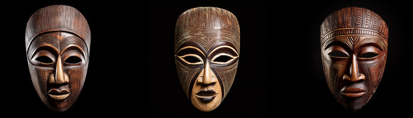 Three wooden masks with distinct features isolated on a black background.