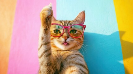 Wall Mural - whimsical depiction of a cat wearing glasses and taking a selfie, colorful background with playful elements, soft focus on fur, capturing a lighthearted moment