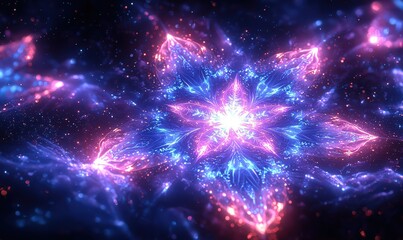 Poster - A symmetrical fractal design of an illuminated snowflake, glowing in neon blue and purple against a black background. 