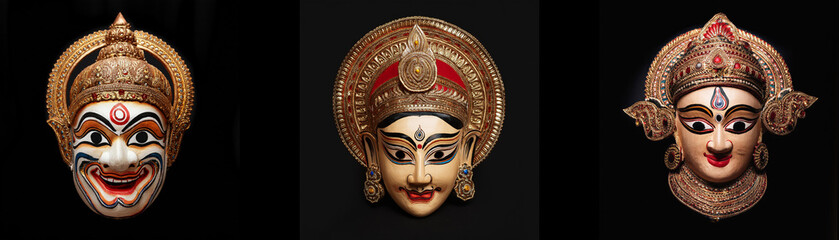 Wall Mural - Three ornate masks, isolated on a black background.