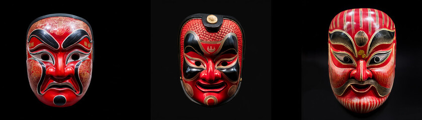 Wall Mural - Three traditional Japanese masks painted red with black detailing are isolated on a black background.