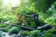 © upnowgraphics - A Miniature Shopping Cart Filled with Plants Resting on a Smartphone in a Lush Green Setting
