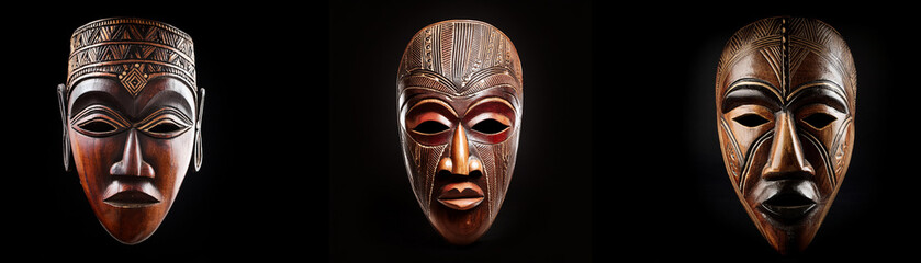 Three carved wooden masks, isolated against a black background.