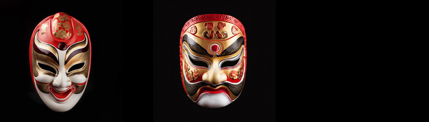 Two traditional masks, one smiling and one with a stern expression, are isolated against a black background.