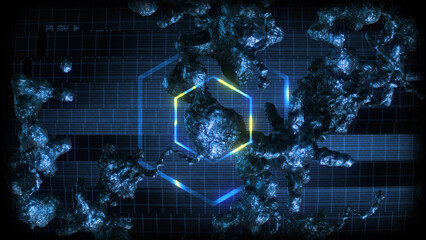 Wall Mural - A data screen style background of strange synthetic formations of undulating organic looking material pulsating with glowing data glitch and interference effects.