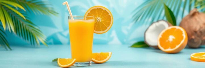 Refreshing yellow summer banner featuring a delicious glass of orange juice and a tropical coconut, yellow, orange juice, drink