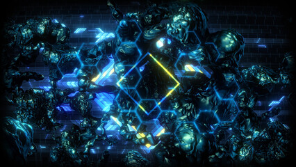 Wall Mural - A data screen style background of strange synthetic formations of undulating organic looking material pulsating with glowing data glitch and interference effects.
